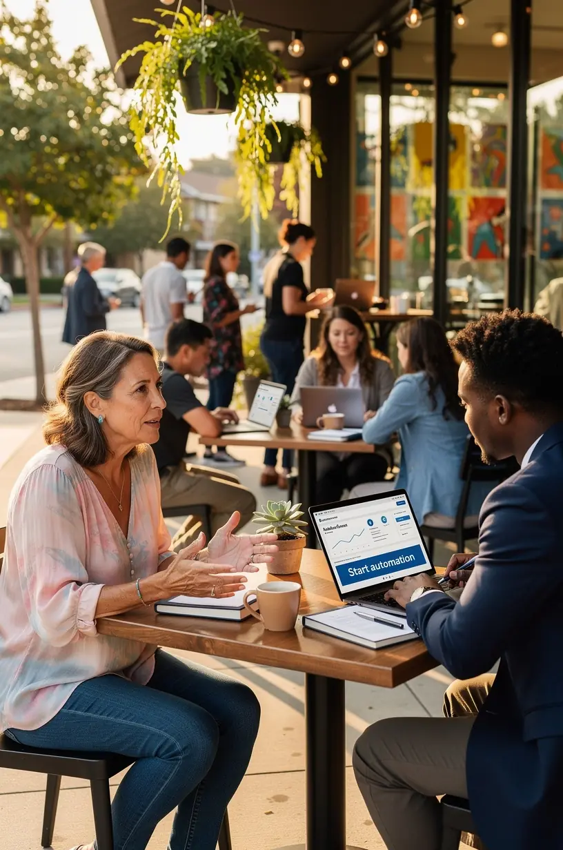 Illustration of a business professional using automation software to streamline workflow in an office setting.