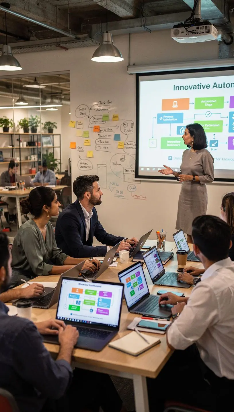 Close-up of hands typing on a laptop with visible charts depicting process automation benefits.
