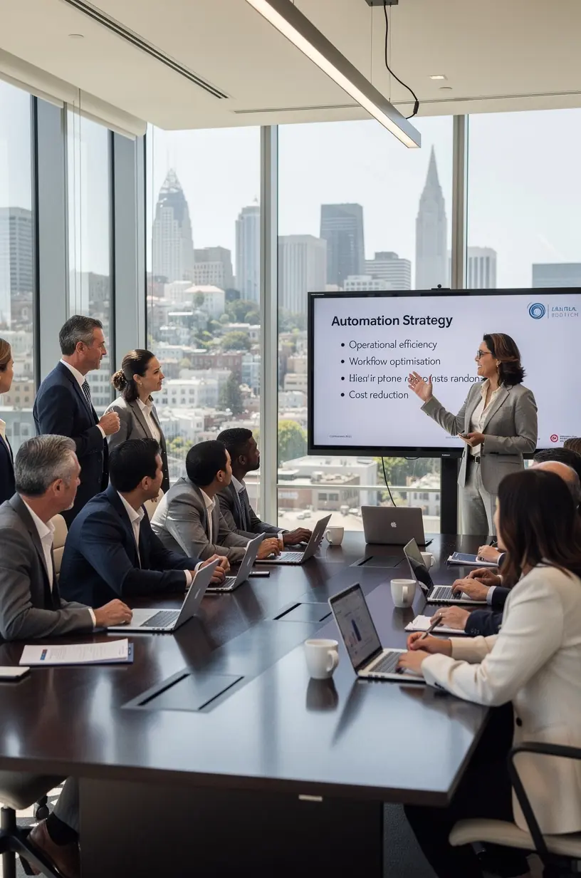 Graphic of a flowchart outlining steps for automating repetitive business tasks for efficiency.